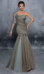 Tulle Floor Length Long Sleeves One Shoulder Natural Waistline Mermaid Asymmetric Open-Back Applique Evening Dress