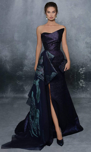 Sophisticated Strapless Natural Waistline Embroidered Ruched Glittering Slit Jacquard Floor Length General Print Mermaid Dress with a Brush/Sweep Train