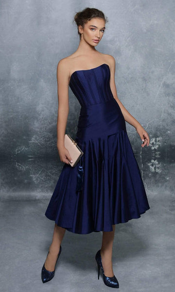 Modest A-line Strapless Taffeta Back Zipper Piping Open-Back Fitted Corset Natural Waistline Sweetheart Cocktail Tea Length Fit-and-Flare Party Dress