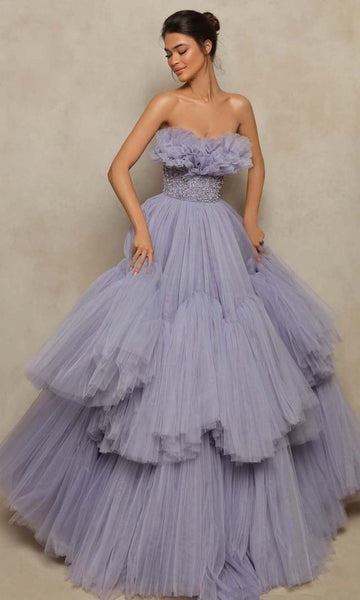 Plus Size A-line Strapless Tulle Back Zipper Beaded Tiered Natural Waistline Sweetheart Straight Neck Floor Length Prom Dress with a Brush/Sweep Train With Ruffles