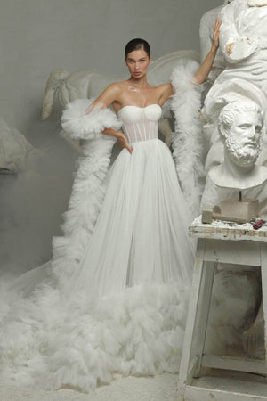 Ladivine CD0187W Short Tea Length Shimmer White Dress Sheer Corset Puff  Sleeve Wedding