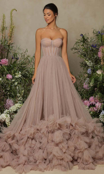 A-line Strapless Sweetheart Tulle Full-Skirt Fitted Back Zipper Wrap Corset Natural Waistline Floor Length Dress with a Brush/Sweep Train With Ruffles