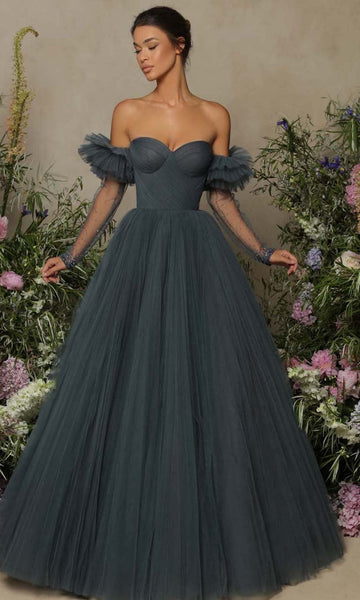 Sophisticated A-line Strapless Floor Length Tulle Corset Natural Waistline Sweetheart Long Sleeves Off the Shoulder Fitted Sequined Flowy Sheer Back Zipper Dress with a Brush/Sweep Train With Rhinesto