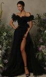 A-line Strapless Floor Length Off the Shoulder Natural Waistline Tulle Slit Dress with a Brush/Sweep Train With Ruffles