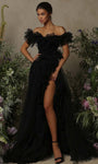 A-line Strapless Floor Length Natural Waistline Off the Shoulder Tulle Slit Dress with a Brush/Sweep Train With Ruffles