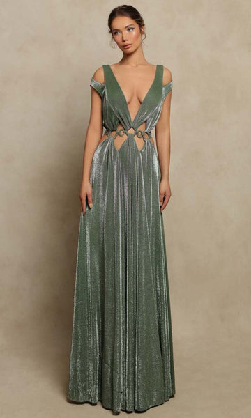 A-line V-neck Cutout Open-Back Plunging Neck Floor Length Cold Shoulder Sleeves Natural Waistline Evening Dress with a Brush/Sweep Train