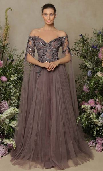 A-line V-neck Natural Waistline Tulle Elbow Length Sleeves Off the Shoulder Applique Flowy Sheer Back Zipper Sequined V Back Floor Length Evening Dress/Prom Dress with a Brush/Sweep Train With a Sash