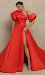 A-line Floor Length Ruched Banding Asymmetric Slit Natural Waistline Puff Sleeves Sleeves One Shoulder Taffeta Dress with a Court Train