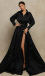 A-line V-neck Long Sleeves Elasticized Natural Waistline Collared Belted Slit Taffeta Floor Length Dress with a Brush/Sweep Train