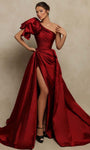 A-line Floor Length Slit Asymmetric Ruched Pleated Gathered Natural Waistline One Shoulder Evening Dress with a Court Train With Ruffles