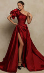 A-line Slit Ruched Gathered Pleated Asymmetric Floor Length Natural Waistline One Shoulder Evening Dress with a Court Train With Ruffles