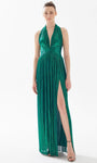 A-line V-neck Sleeveless Floor Length Halter Tulle Ruched Slit Flowy Pleated Lace-Up Open-Back Natural Waistline Dress