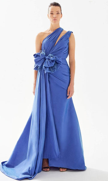 Sexy A-line Ruched Gathered Asymmetric Slit Natural Waistline Taffeta Evening Dress with a Brush/Sweep Train With a Bow(s) and a Sash