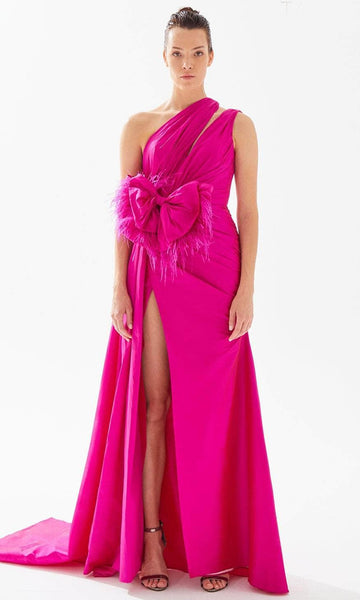 Sexy A-line Taffeta Slit Gathered Ruched Asymmetric Natural Waistline Evening Dress with a Brush/Sweep Train With a Bow(s) and a Sash