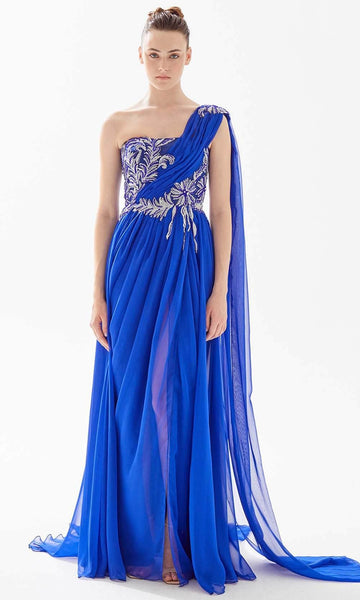 Sophisticated A-line Asymmetric Back Zipper Slit Embroidered Draped Ruched Beaded Natural Waistline Floor Length Chiffon One Shoulder Sleeveless Evening Dress with a Brush/Sweep Train