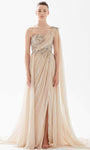 Sophisticated A-line Natural Waistline Floor Length One Shoulder Sleeveless Draped Ruched Embroidered Slit Asymmetric Back Zipper Beaded Chiffon Evening Dress with a Brush/Sweep Train