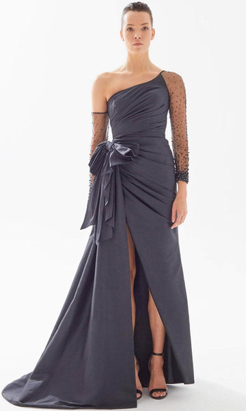 Natural Waistline Sheer Long Sleeves Asymmetric Gathered Sheer Slit Ruched Beaded Taffeta Mermaid Evening Dress with a Court Train with a Brush/Sweep Train With a Bow(s) and a Sash