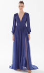 Sophisticated A-line V-neck Plunging Neck Slit Fitted Back Zipper Pleated Cutout Chiffon Bishop Sleeves Fit-and-Flare Basque Waistline Evening Dress with a Brush/Sweep Train