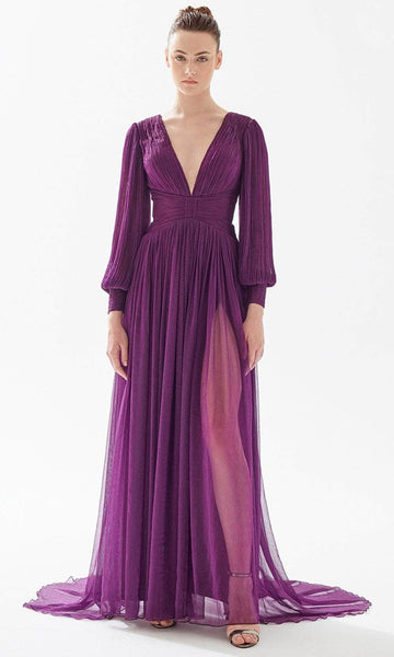 Sophisticated A-line V-neck Chiffon Fit-and-Flare Bishop Sleeves Basque Waistline Slit Back Zipper Fitted Pleated Cutout Plunging Neck Evening Dress with a Brush/Sweep Train