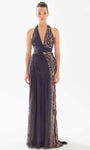 A-line Halter Floor Length Chiffon Empire Waistline Ruched Sequined Slit Sleeveless Evening Dress
