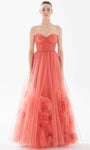 Sophisticated A-line Strapless Natural Waistline Floor Length Tulle Sweetheart Ruched Applique Floral Print Evening Dress