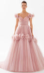 A-line Off the Shoulder Tulle Back Zipper Applique Ruched Floral Print Floor Length Natural Waistline Evening Dress