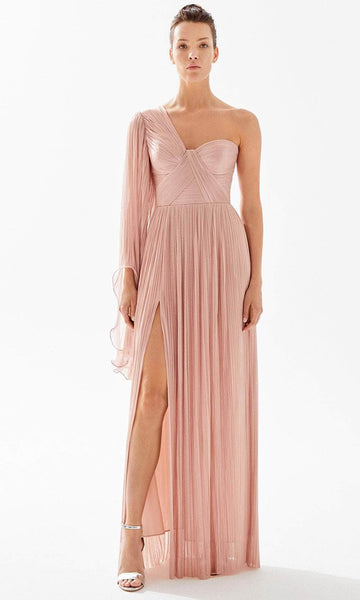 A-line Sweetheart One Shoulder Natural Waistline Floor Length Ruched Back Zipper Asymmetric Slit Tulle Evening Dress