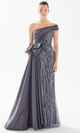 Floor Length Pleated Asymmetric Sequined Sheath One Shoulder Taffeta Natural Waistline Sheath Dress with a Brush/Sweep Train With a Bow(s) and a Sash