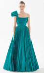 A-line Natural Waistline Scoop Neck Taffeta Pleated Flutter Sleeves One Shoulder Floor Length Evening Dress With a Bow(s)