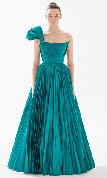 A-line Scoop Neck Floor Length Pleated Flutter Sleeves One Shoulder Natural Waistline Taffeta Evening Dress With a Bow(s)