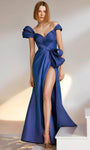 Floor Length Mermaid Off the Shoulder One Shoulder Natural Waistline Ruched Slit Open-Back Taffeta Evening Dress With a Bow(s) and a Ribbon