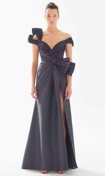 Natural Waistline Mermaid Taffeta Off the Shoulder One Shoulder Open-Back Slit Ruched Floor Length Evening Dress With a Bow(s) and a Ribbon