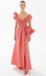 Taffeta Floor Length Mermaid Natural Waistline Off the Shoulder One Shoulder Slit Ruched Open-Back Evening Dress With a Bow(s) and a Ribbon