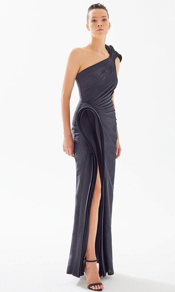 Fall Taffeta Asymmetric Fitted Slit Tiered Ruched Pleated Natural Waistline Sheath Floor Length One Shoulder Sheath Dress/Evening Dress With a Bow(s) and Ruffles