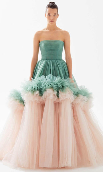 Strapless Natural Waistline Two-Toned Print Straight Neck Tulle Tiered Open-Back Fitted Back Zipper Gathered Dress with a Brush/Sweep Train With Ruffles
