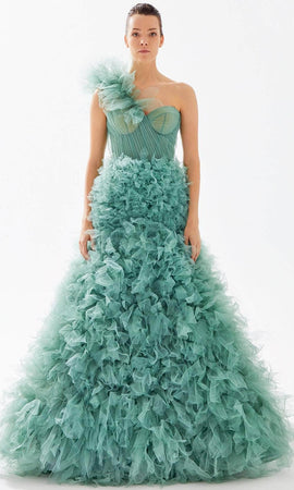 Tarik Ediz Ruffled Tulle Evening Gown