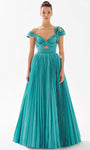 Sophisticated A-line Floor Length Taffeta Natural Waistline Cap Sleeves Off the Shoulder Bandeau Neck Sweetheart Cutout Ruched Pleated Evening Dress