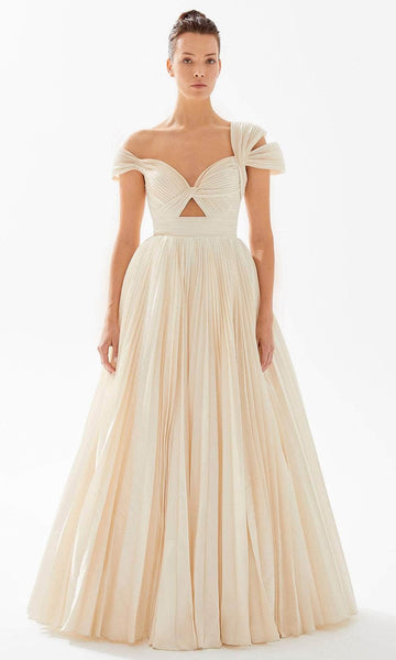 Sophisticated A-line Natural Waistline Bandeau Neck Sweetheart Floor Length Taffeta Cap Sleeves Off the Shoulder Ruched Cutout Pleated Evening Dress