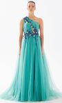 A-line Floor Length One Shoulder Floral Print Cutout Asymmetric Applique Tulle Natural Waistline Evening Dress