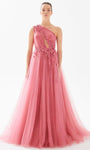 A-line Floor Length Tulle Cutout Applique Asymmetric Floral Print One Shoulder Natural Waistline Evening Dress