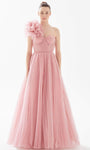 A-line Sweetheart Natural Waistline One Shoulder Floor Length Pleated Lace-Up Tulle Evening Dress With Ruffles