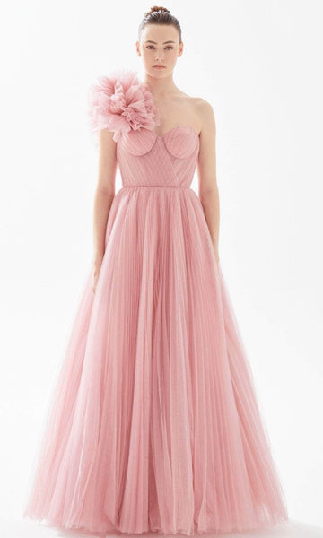 A-line Pleated Lace-Up Floor Length Tulle Natural Waistline One Shoulder Sweetheart Evening Dress With Ruffles