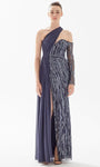 Natural Waistline Sheer Sleeves One Shoulder Sheath Beaded Sheer Asymmetric Cutout Slit Embroidered Side Zipper Floor Length Sheath Dress/Evening Dress