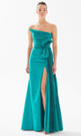 Sophisticated Strapless Asymmetric Pleated Ruched Slit Taffeta Mermaid Floor Length Natural Waistline Evening Dress With a Bow(s) and a Sash