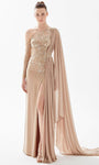 Sophisticated Long Sleeves Sequined Asymmetric Beaded Sheer Back Zipper Slit Crepe Natural Waistline Sheath Floor Length Sheath Dress/Evening Dress