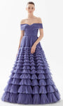 Back Zipper Tiered Ruched Fitted Off the Shoulder Natural Waistline Tulle Evening Dress with a Brush/Sweep Train With Ruffles