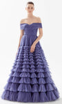 Tulle Tiered Ruched Back Zipper Fitted Off the Shoulder Natural Waistline Evening Dress with a Brush/Sweep Train With Ruffles