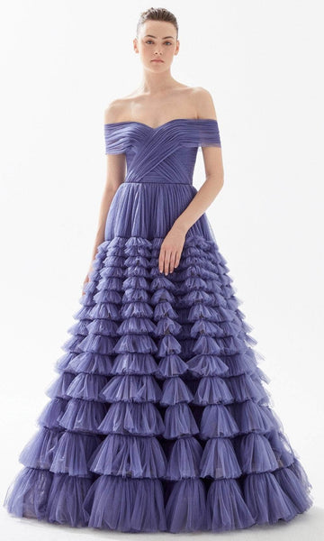 Tulle Natural Waistline Fitted Ruched Tiered Back Zipper Off the Shoulder Evening Dress with a Brush/Sweep Train With Ruffles