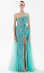 A-line Strapless Sheath Floor Length Natural Waistline Sequined Beaded Slit Back Zipper Sheath Dress/Evening Dress With a Bow(s)