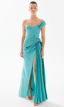 A-line Floor Length Sweetheart Natural Waistline Taffeta Slit Draped Open-Back Asymmetric Pleated Sleeveless Evening Dress with a Brush/Sweep Train